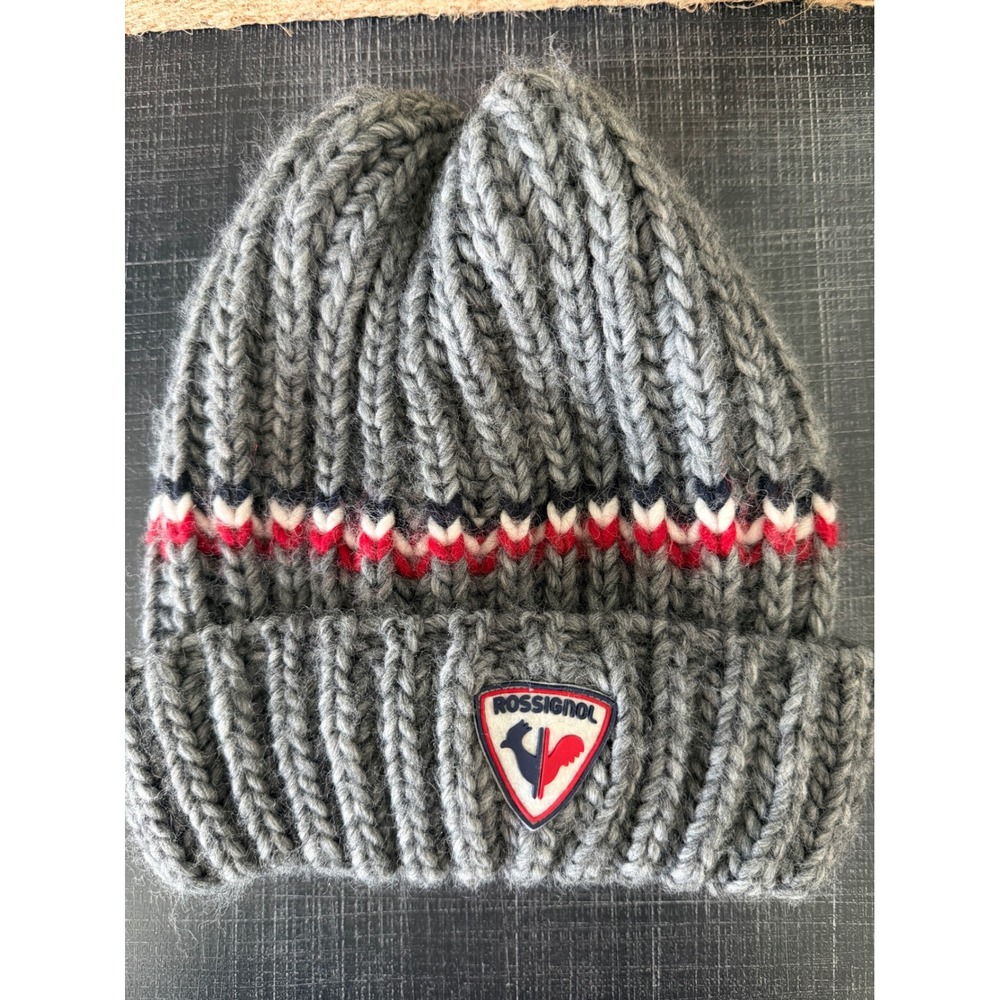 Rossignol Grey Chunky Knit Beanie Alpaca Blend Cuffed Logo Hat Made in Italy